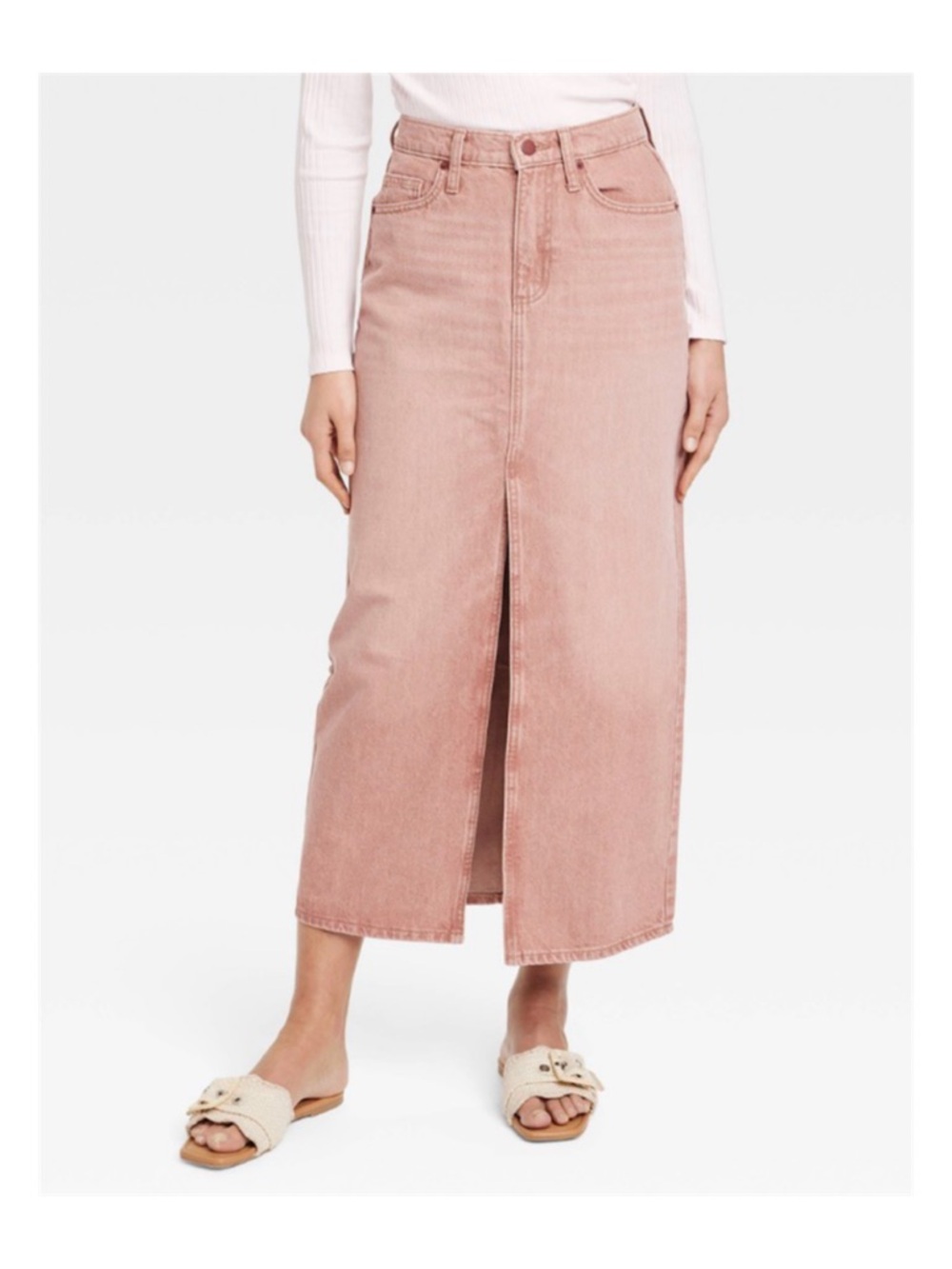 Universal Thread Midi Denim Skirt with Front Slit (Clay — 00)